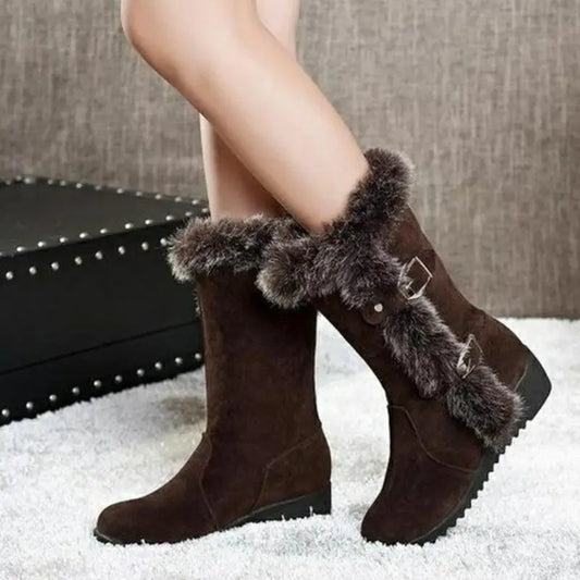 Brown New Winter Women Casual Warm Fur Mid-Calf Boots Shoes Women Slip-On Round Toe Flats Snow Boots Shoes - Shoes