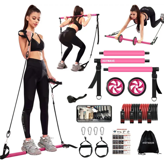 Pilates Bar Kit With Resistance Bands. Fitness Bar With Ab Roller For Abs Workout. Squat Machine.Core Strength Training