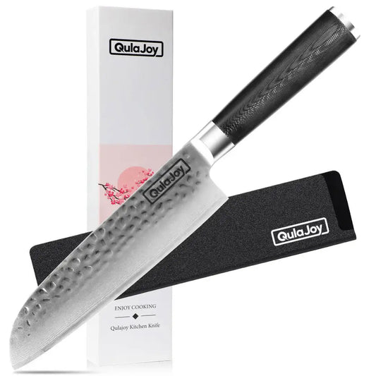 Qulajoy 7 Inch Santoku Knife- Ultra Sharp Japanese 67 Layers Damascus VG-10 Steel Core - Professional Hammered Chef